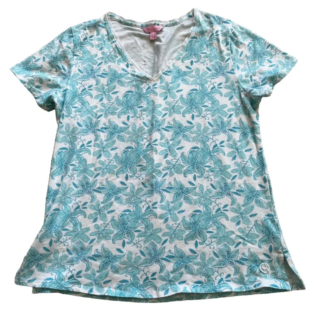 LILLY PULITZER FLORAL V NECK T SHIRT SIZE LARGE PREPPY FEMININE DAINTY Pretty